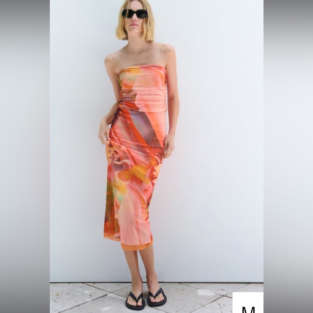 Zara strapless printed tulle dress